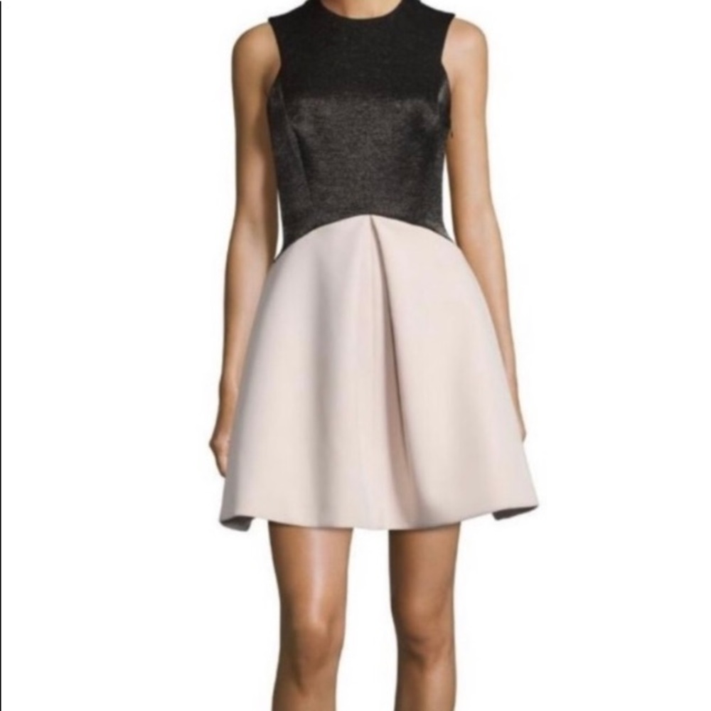 Halston Heritage Black jacquard Fit & Flare party Colorblock puff Dress Sz 8 NW